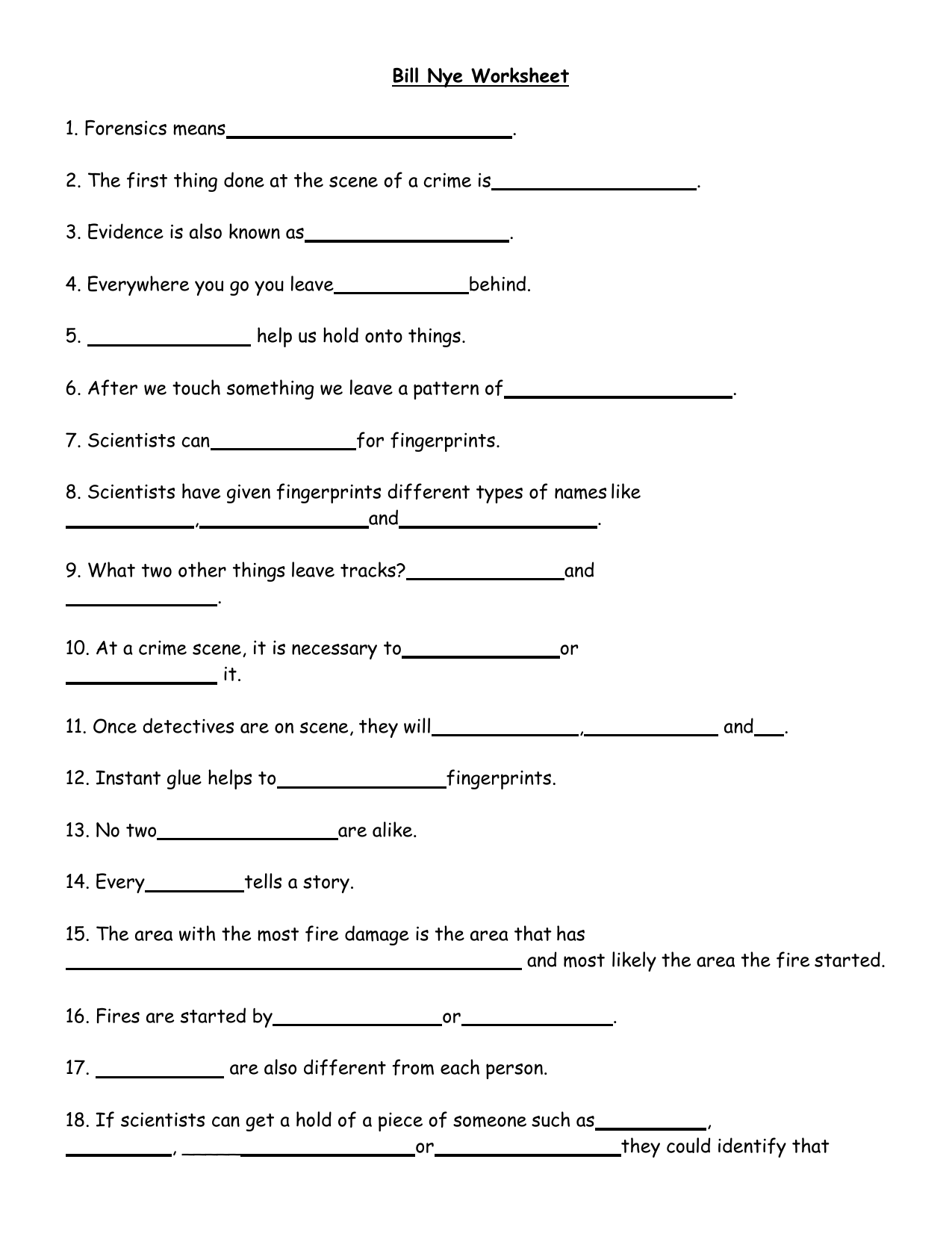 Bill Nye Forensics Worksheet