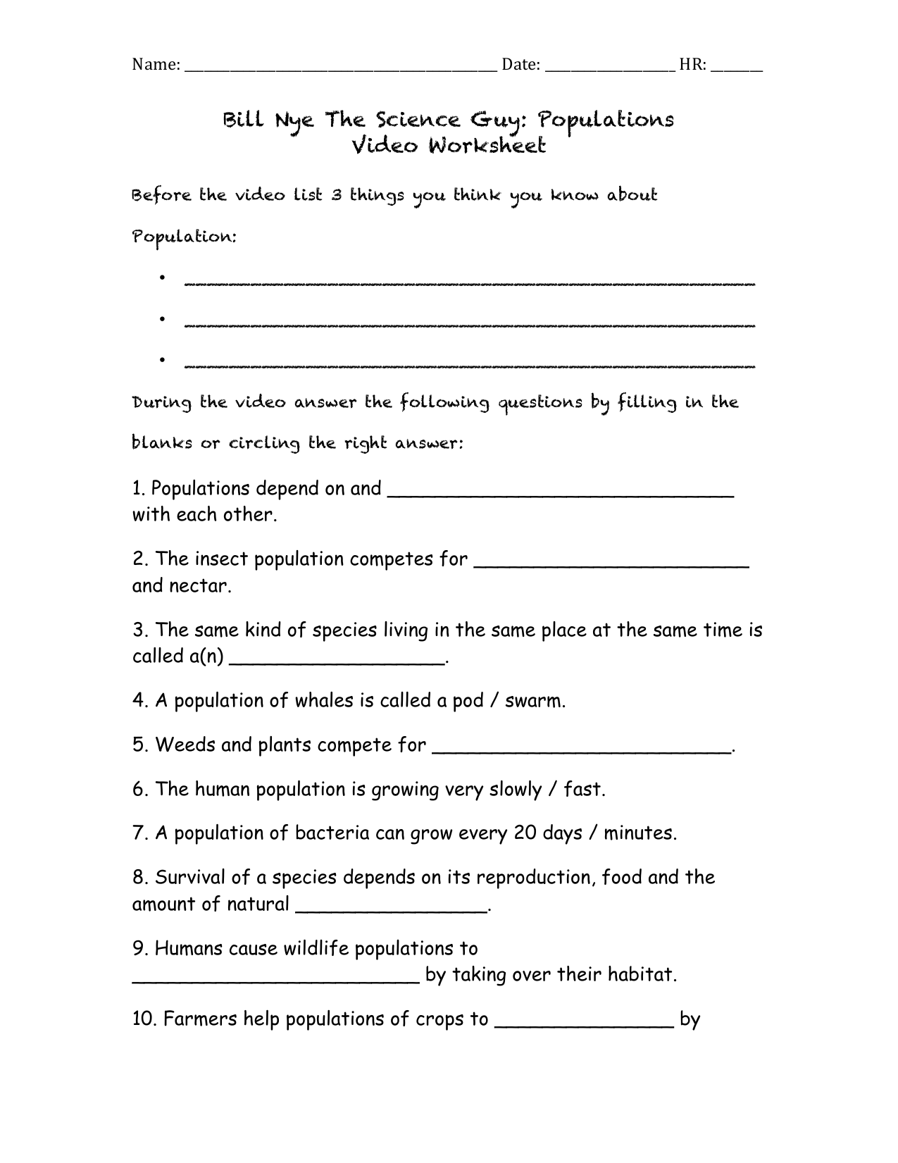 Bill Nye Populations Worksheet Science Education