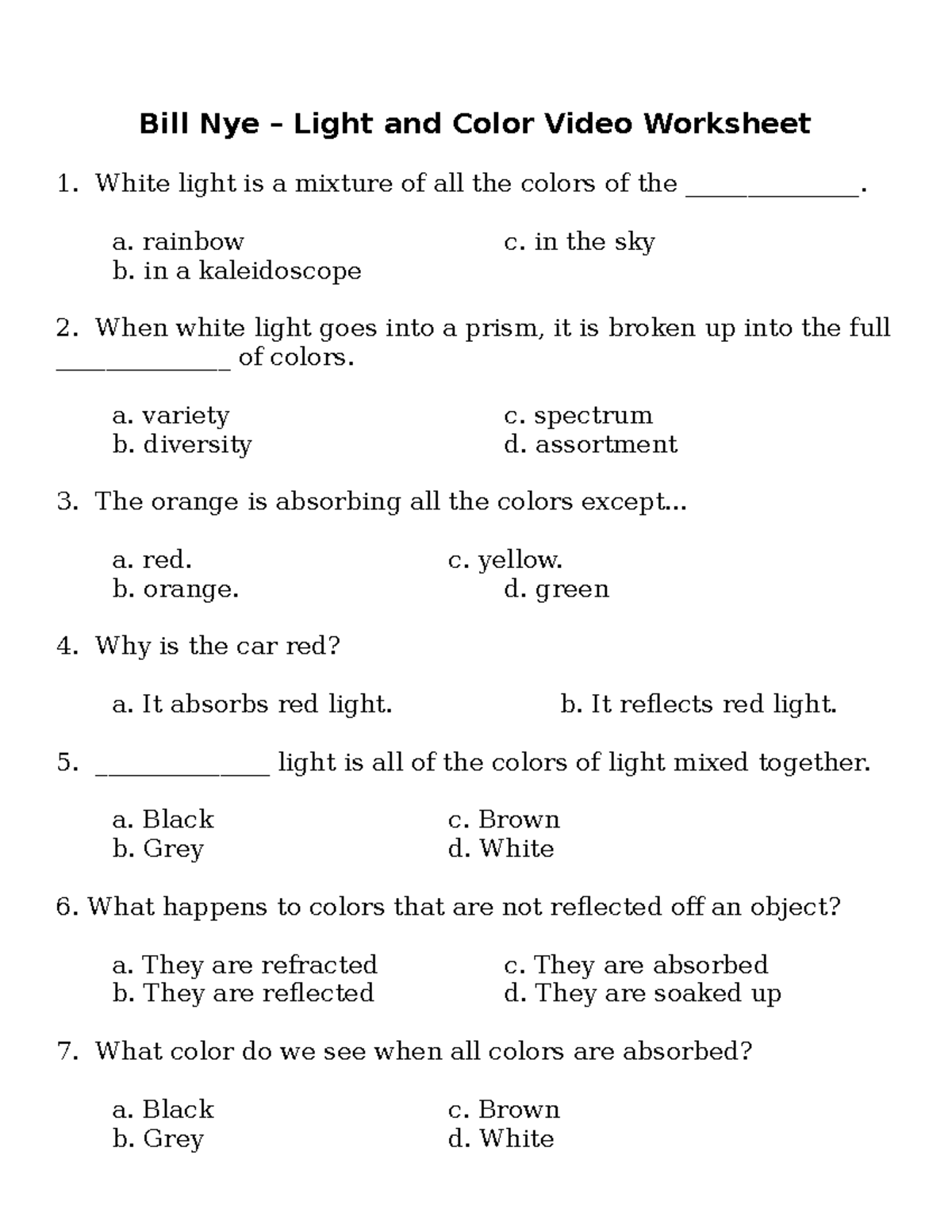 Bill Nye S Light And Color Video Guide Worksheet For Students Studocu