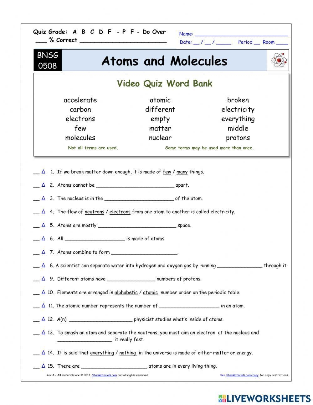 Bill Nye The Science Guy Atoms Molecules Quiz Worksheet Live Worksheets Library