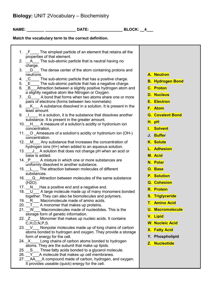 Biochemistry Vocabulary Worksheet High School Biology