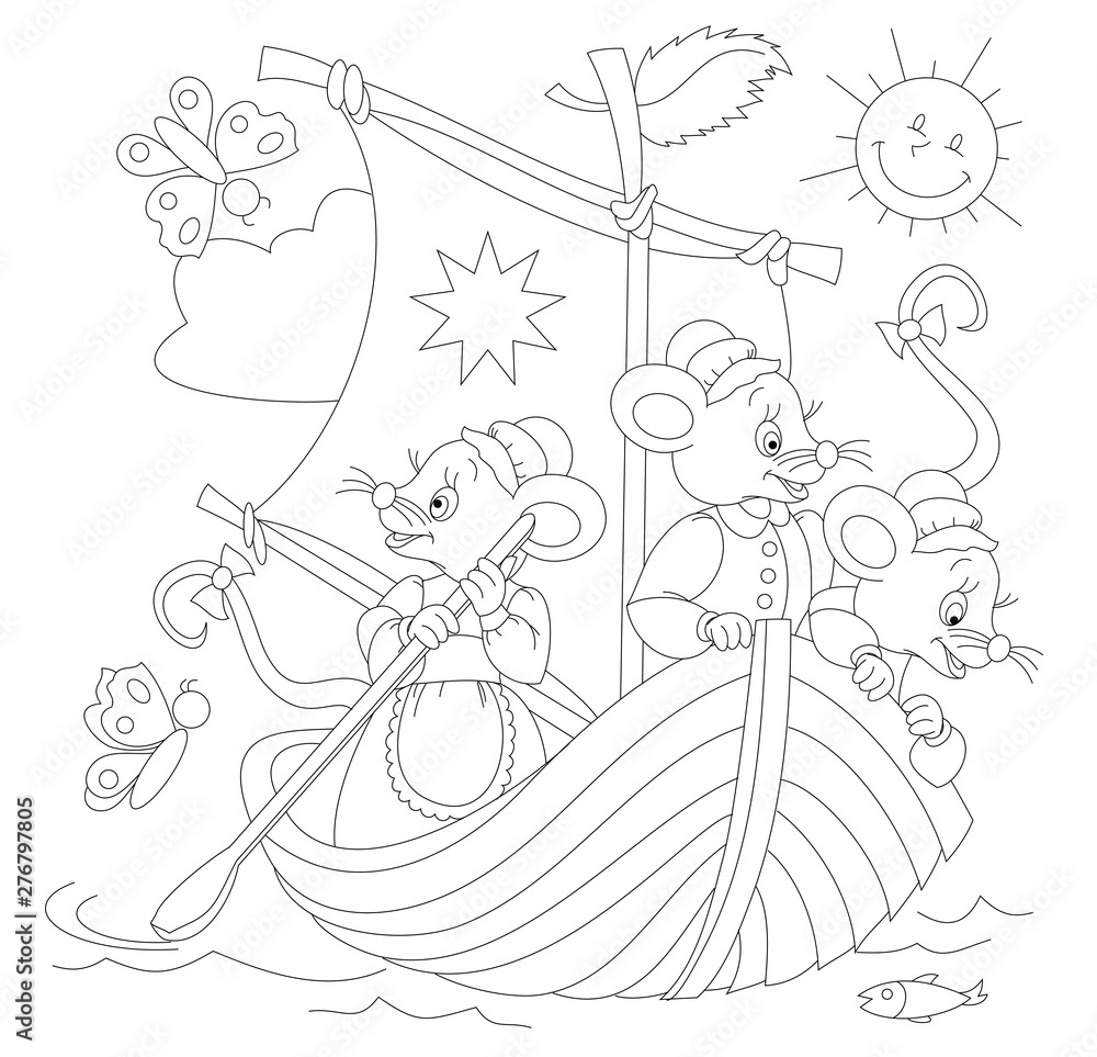 Black And White Page For Baby Coloring Book Drawing Of Three Cute Mice Traveling In Sailboat Printable Template For Kids Worksheet For Children And Adults Hand Drawn Vector Image Stock Vector Adobe How To Make A Coloring Book Canva