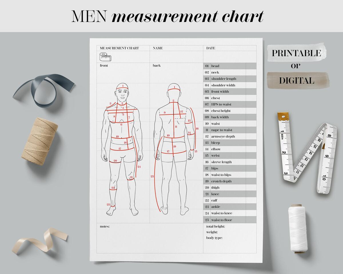 Body Size Chart Printable Digital Men Body Measurement Template Sewing Size Chart Body Measurements Tracker Men Fashion Measurement Etsy