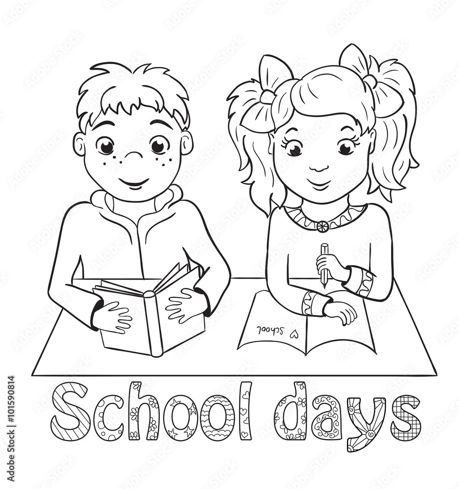 Boy And Girl Sitting At School Desk Coloring Book Stock Vector Adobe Stock Boy And Girl Sitting At School Desk Coloring Book Stock Vector Adobe Stock