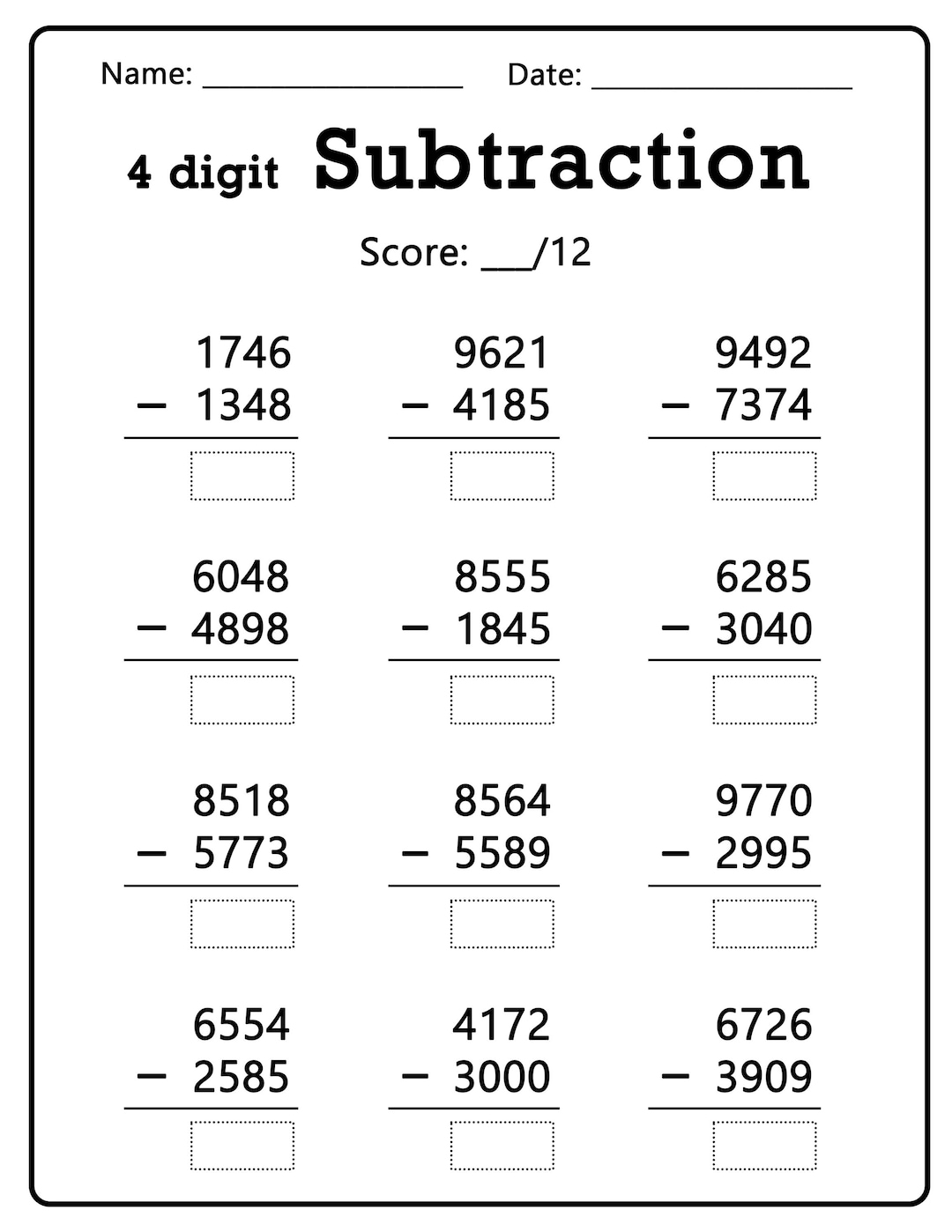 Worksheet On Subtraction Of 4 Digit Numbers Subtracting 4 Digit Number