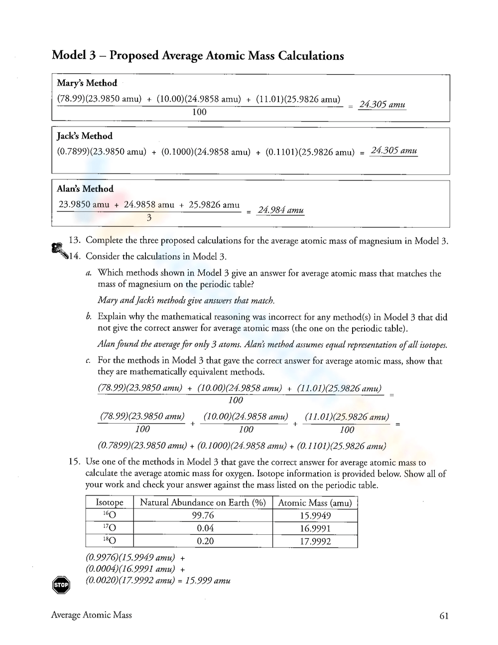 Calculating Average Atomic Mass Worksheets