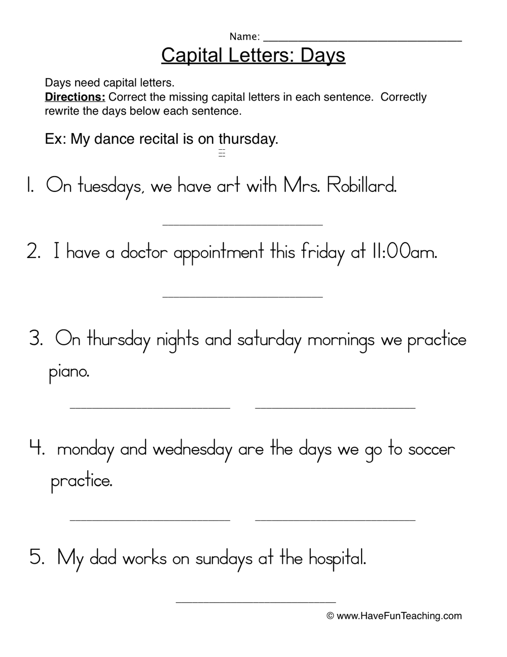 Capital Letters Days Sentences Worksheet Have Fun Teaching