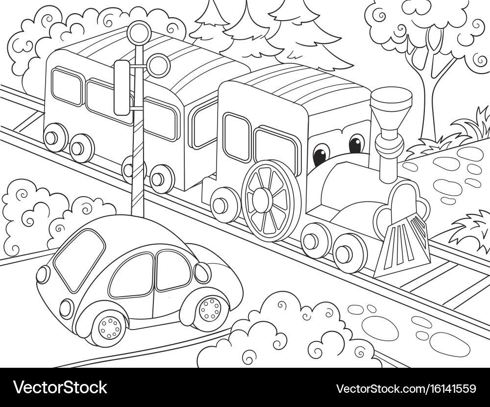 Cartoon Train And Car Coloring Page Royalty Free Vector VectorStock