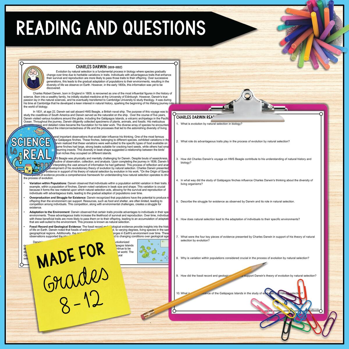 Charles Darwin Graphic Organizer Reading Comprehension And Questions Classful