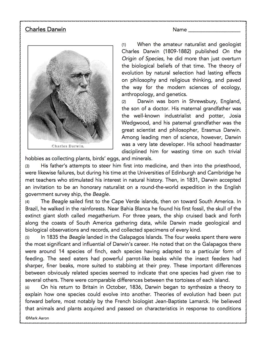 Charles Darwin Graphic Organizer Reading Comprehension And Questions Classful