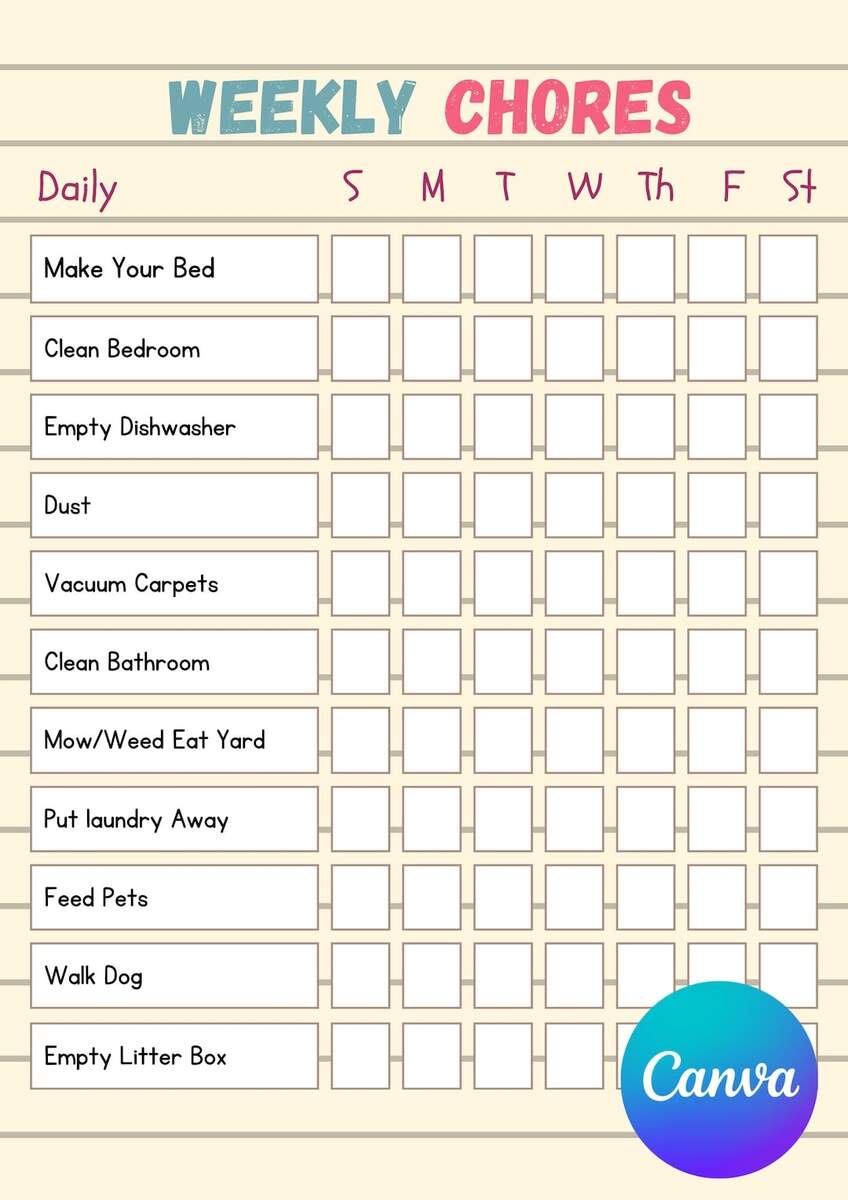 Chore Chart For Kids Pre Teens Teens With Fillable Lines Etsy Teen And Tween Printable Chore Chart Sunshine And Hurricanes
