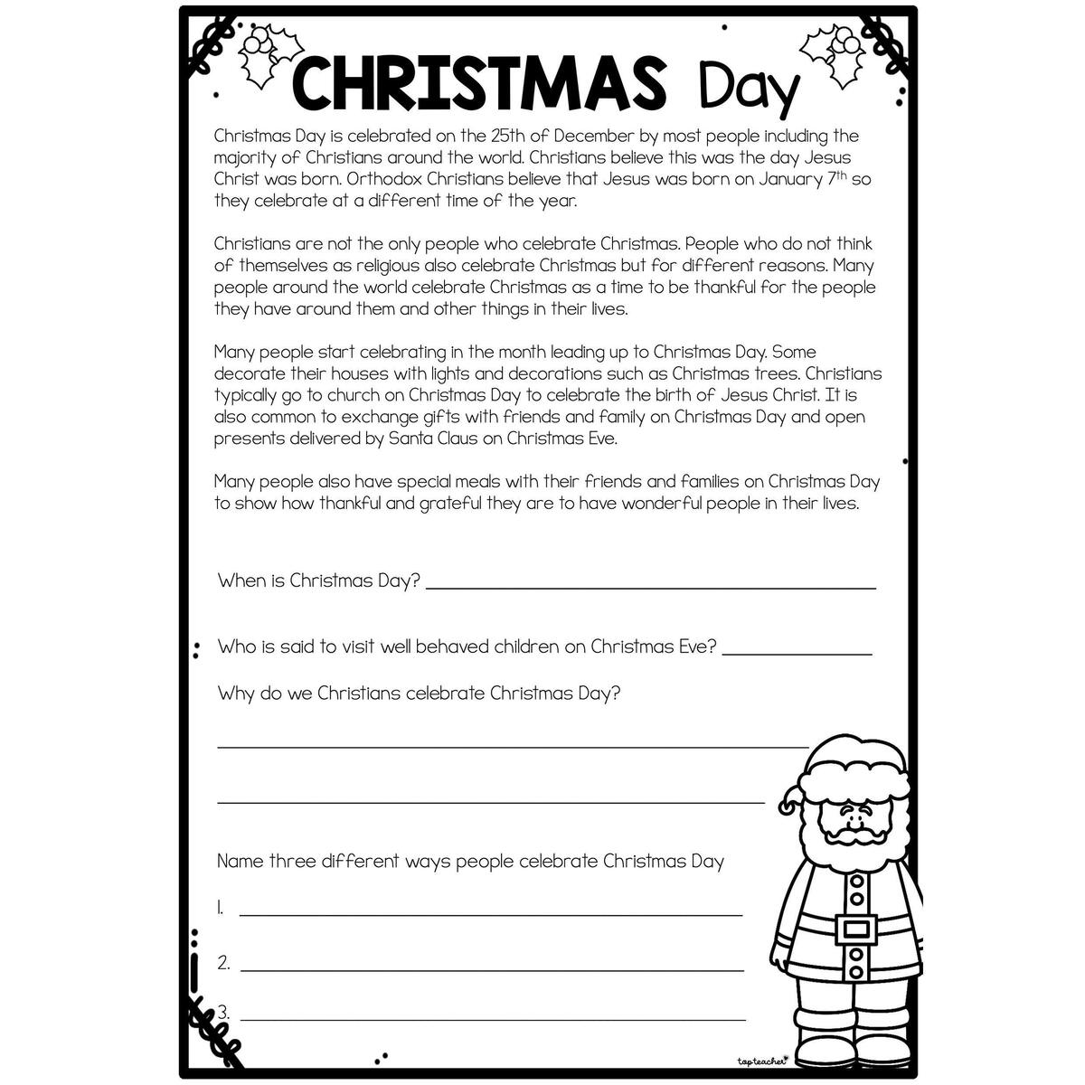 Christmas Day Comprehension Top Teacher