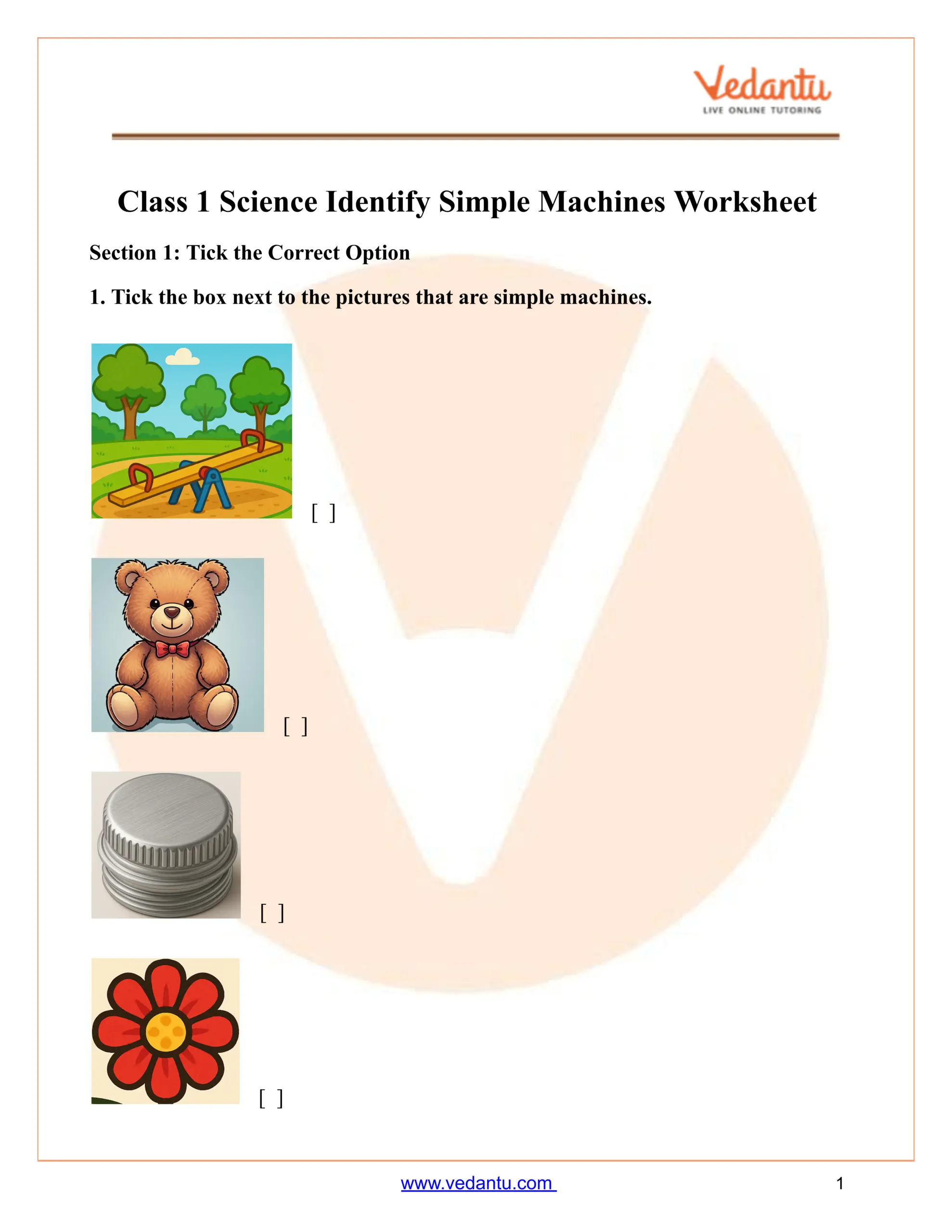 Class 1 Science Identify Simple Machines Worksheet Free PDF