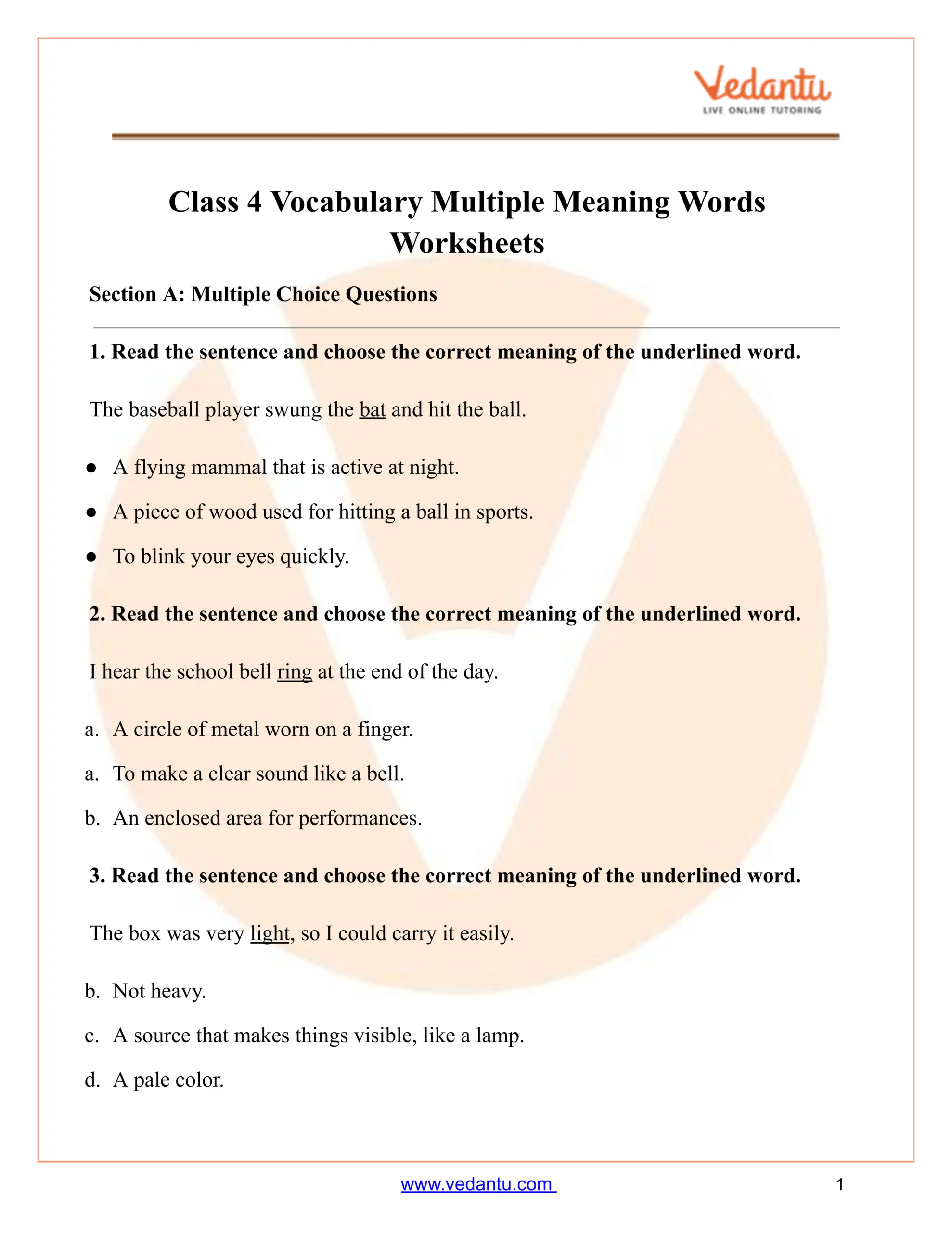 Class 4 Multiple Meaning Words Worksheet With Answers PDF