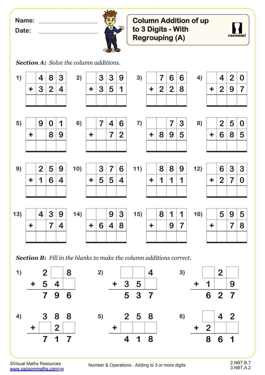 Column Addition Of Up To 3 Digits With Regrouping A Worksheet Fun And Engaging 2nd Grade And 3rd Grade Number Operations Worksheet Cazoom Math Column Addition Of Up To 3 Digits With Regrouping A Worksheet Fun And Engaging 2nd Grade And 3rd Grade Number Operations Worksheet Cazoom Math