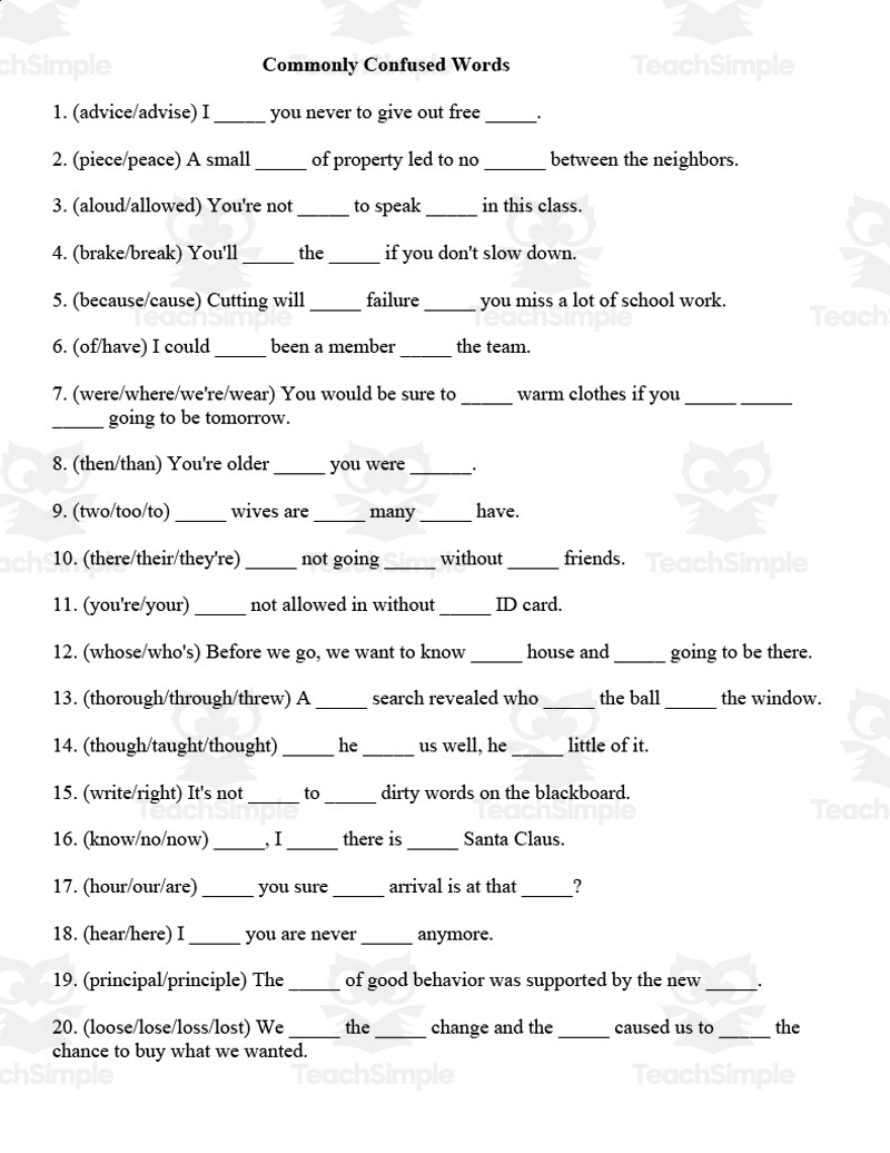 Word Usage Worksheets Commonly Confused Words Worksheets