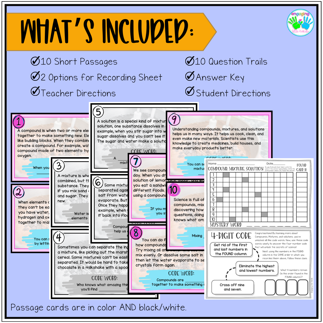 Compounds Mixtures And Solutions Scavenger Hunt Reading Comprehension Activity Classful