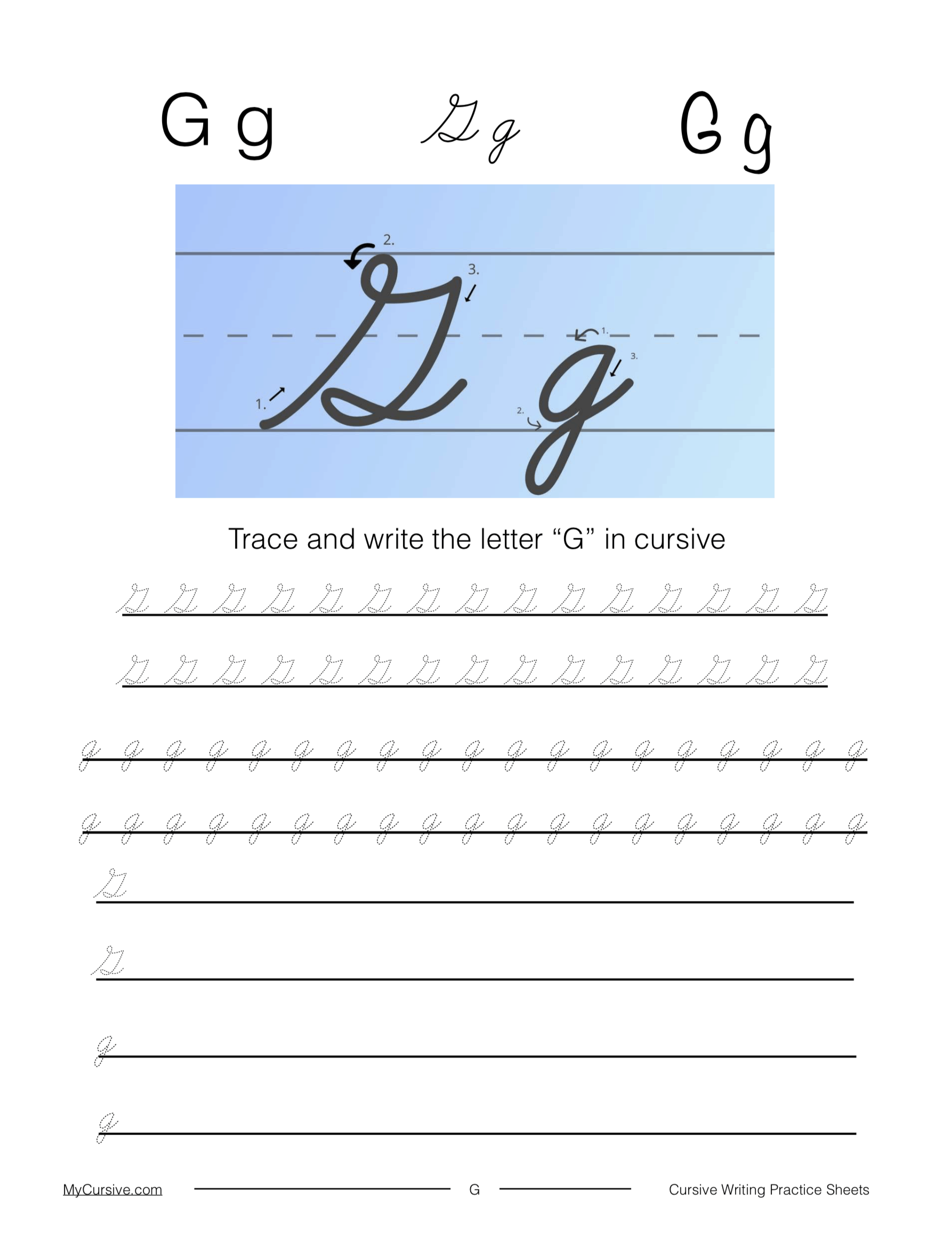 Cursive G Full Tutorial And Worksheet