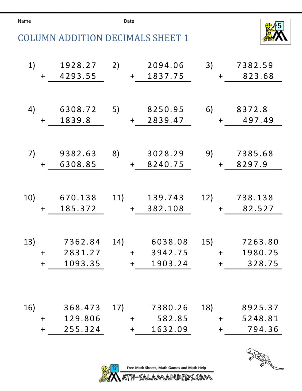 Decimals Addition