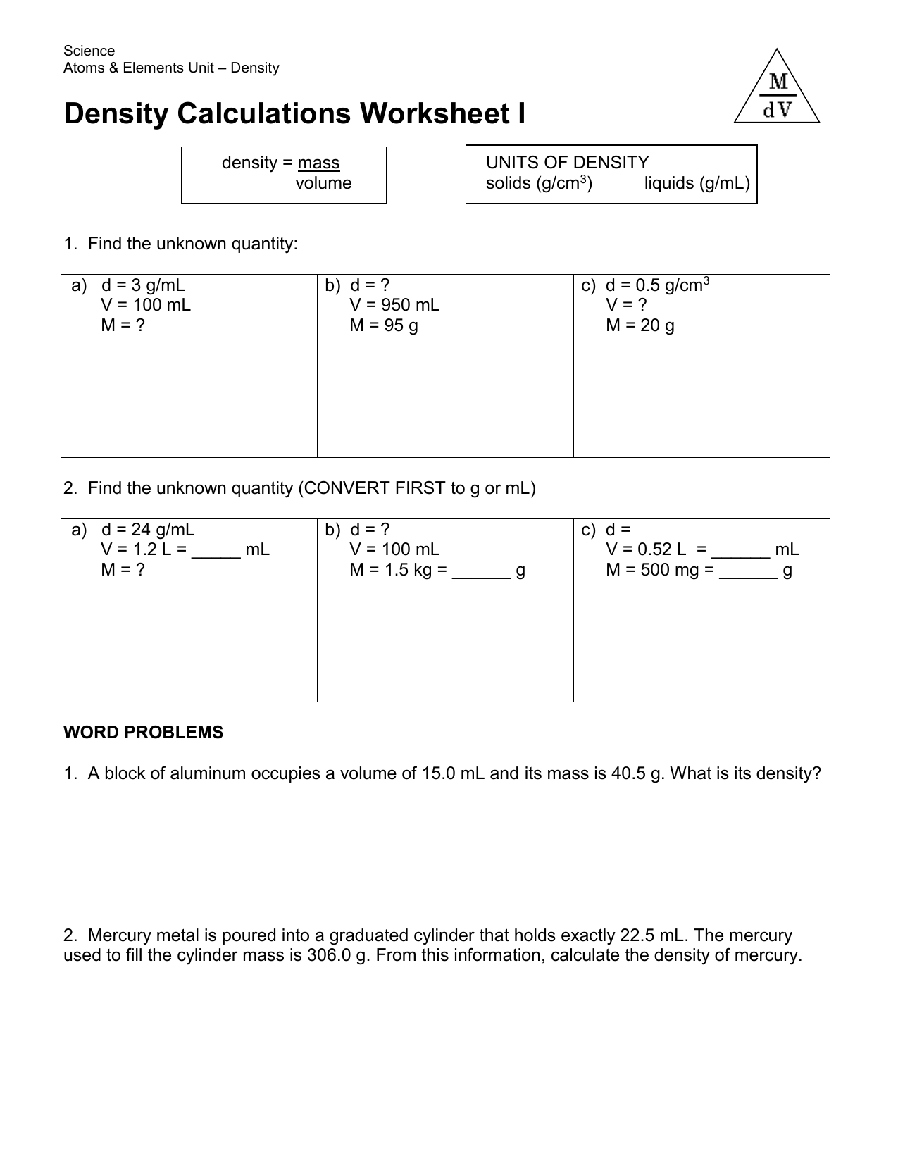 Density Calculations Worksheet Atoms Elements Unit