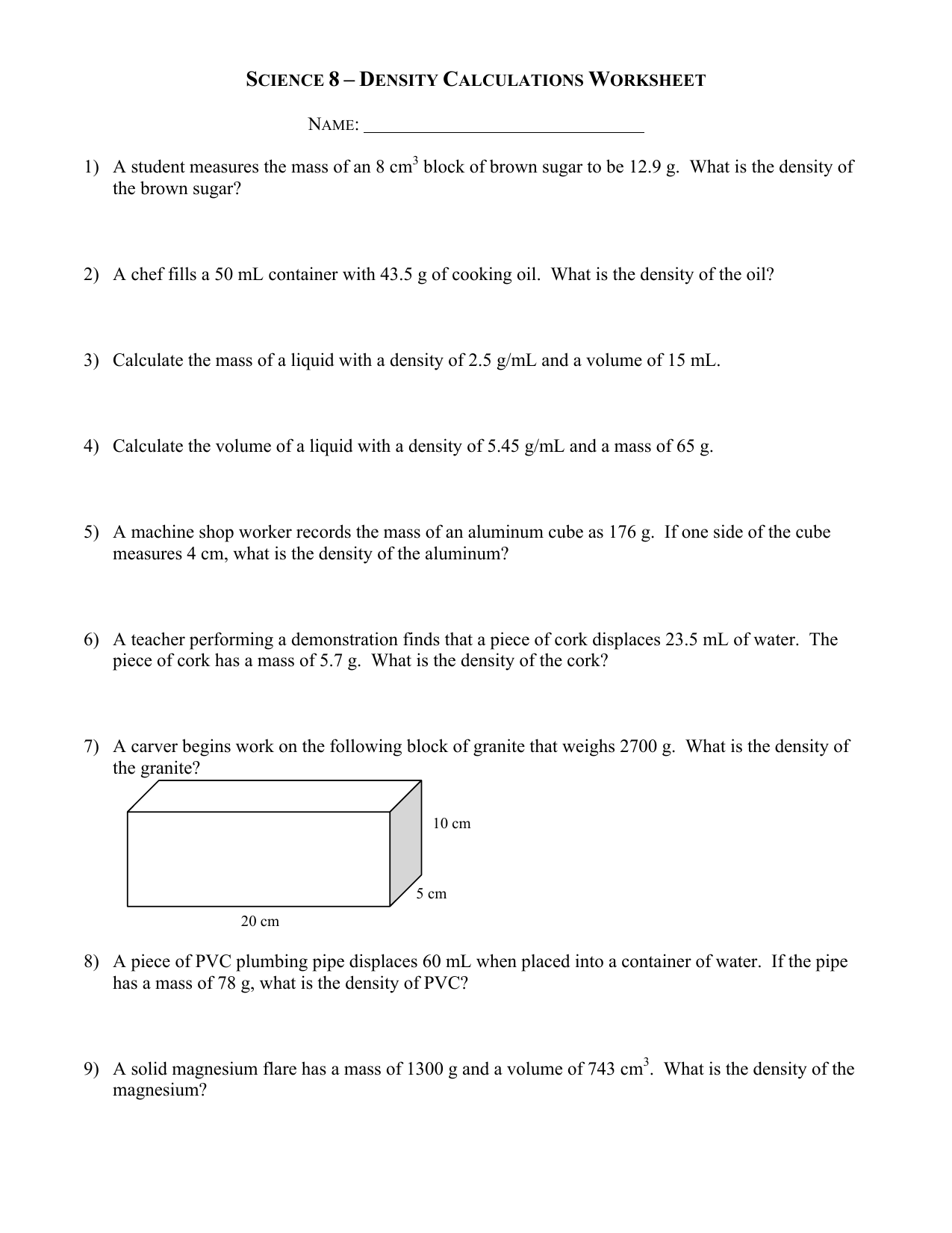 Density Calculations Worksheet Science 8