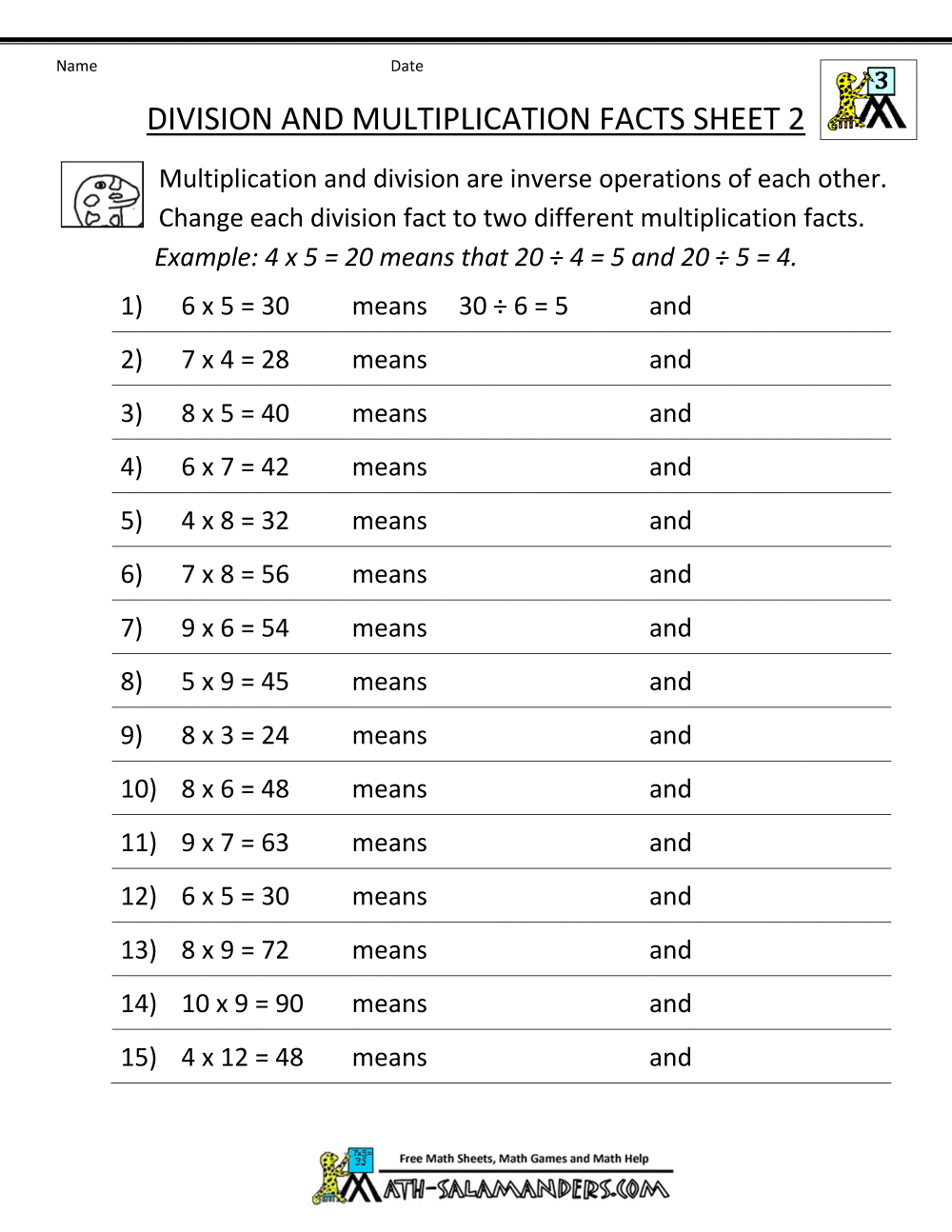 Fact Family Worksheets