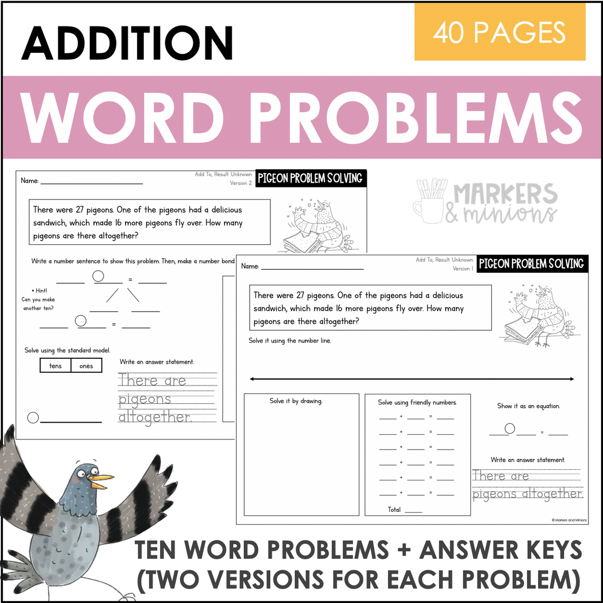 Double Digit Addition Subtraction Word Problems Bundle Markers Minions