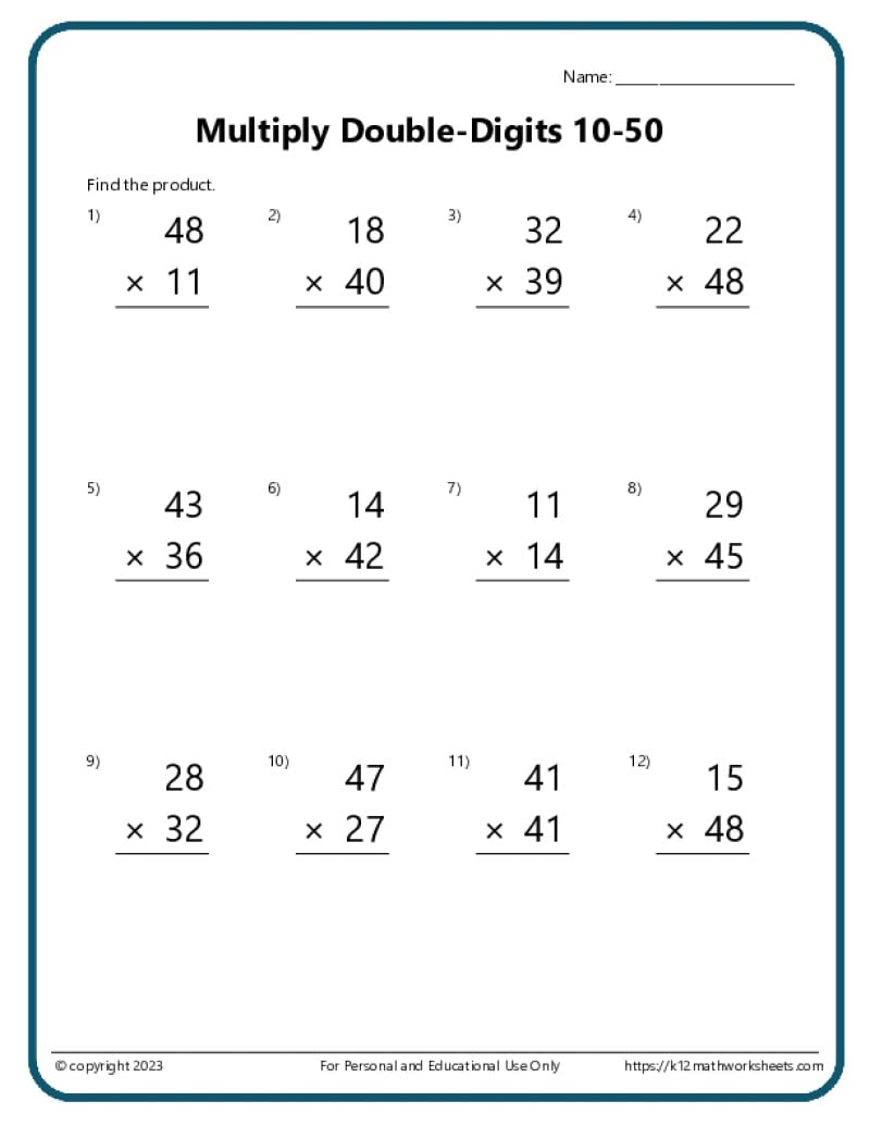 10 Printable Double Digit Multiplication Worksheets 2 Digit Practice PDF Download Etsy Israel