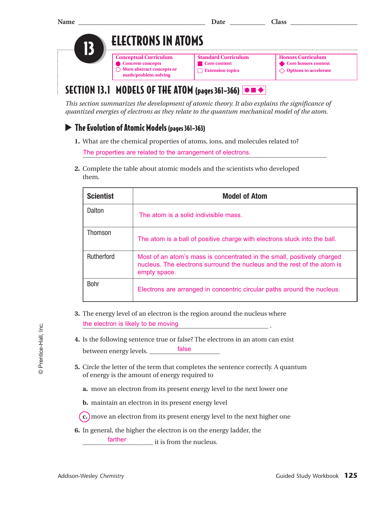 Electrons In Atoms Guided Study Workbook