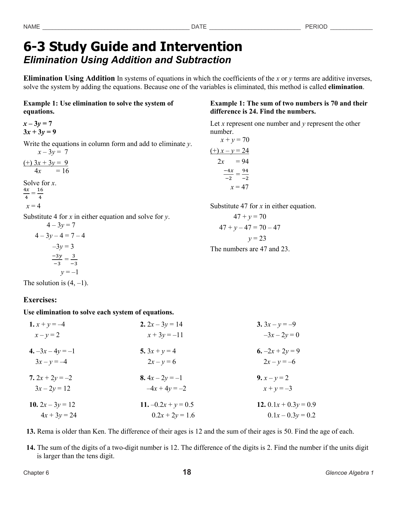 Elimination With Addition Subtraction Algebra 1 Study Guide