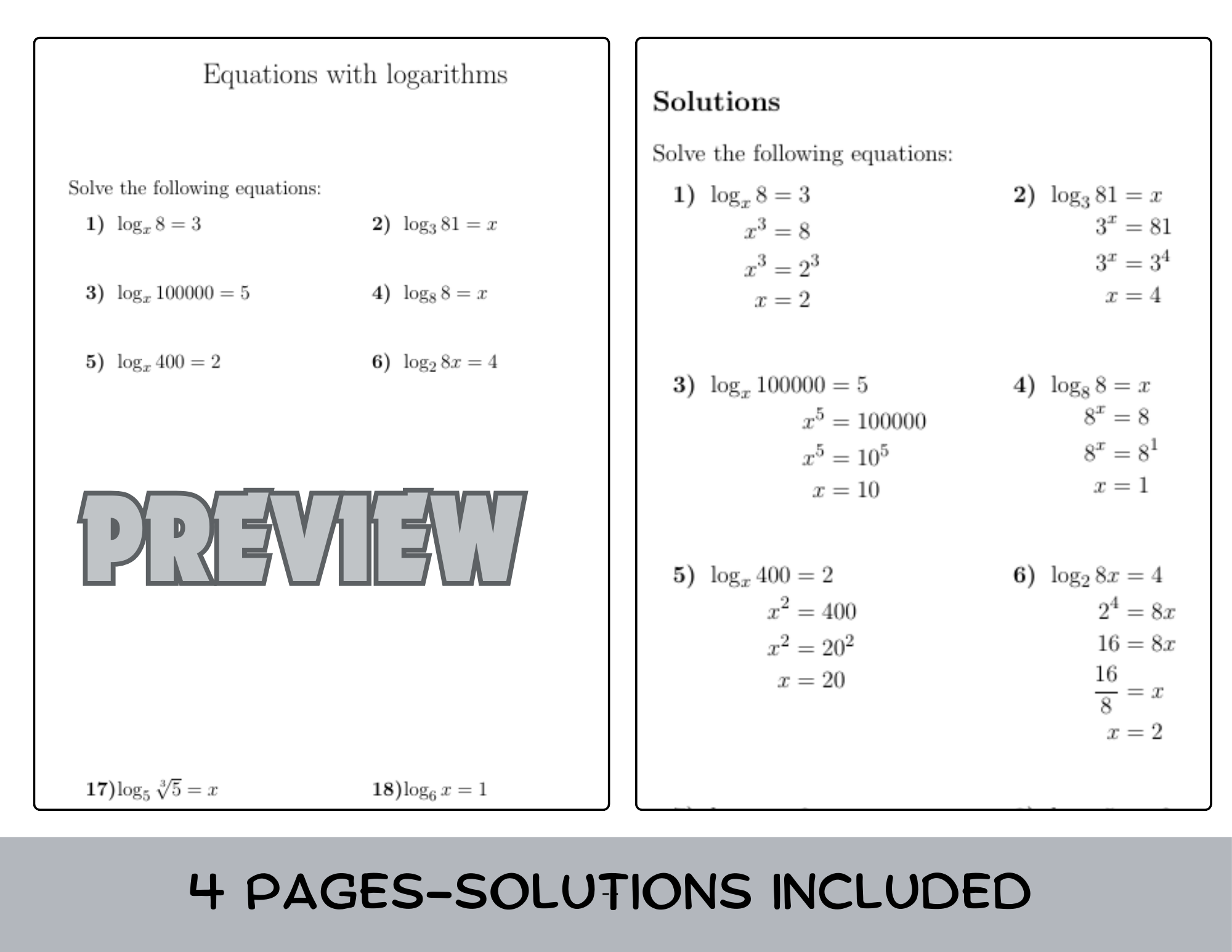 Equations With Logarithms Worksheet With Solutions Teaching Resources
