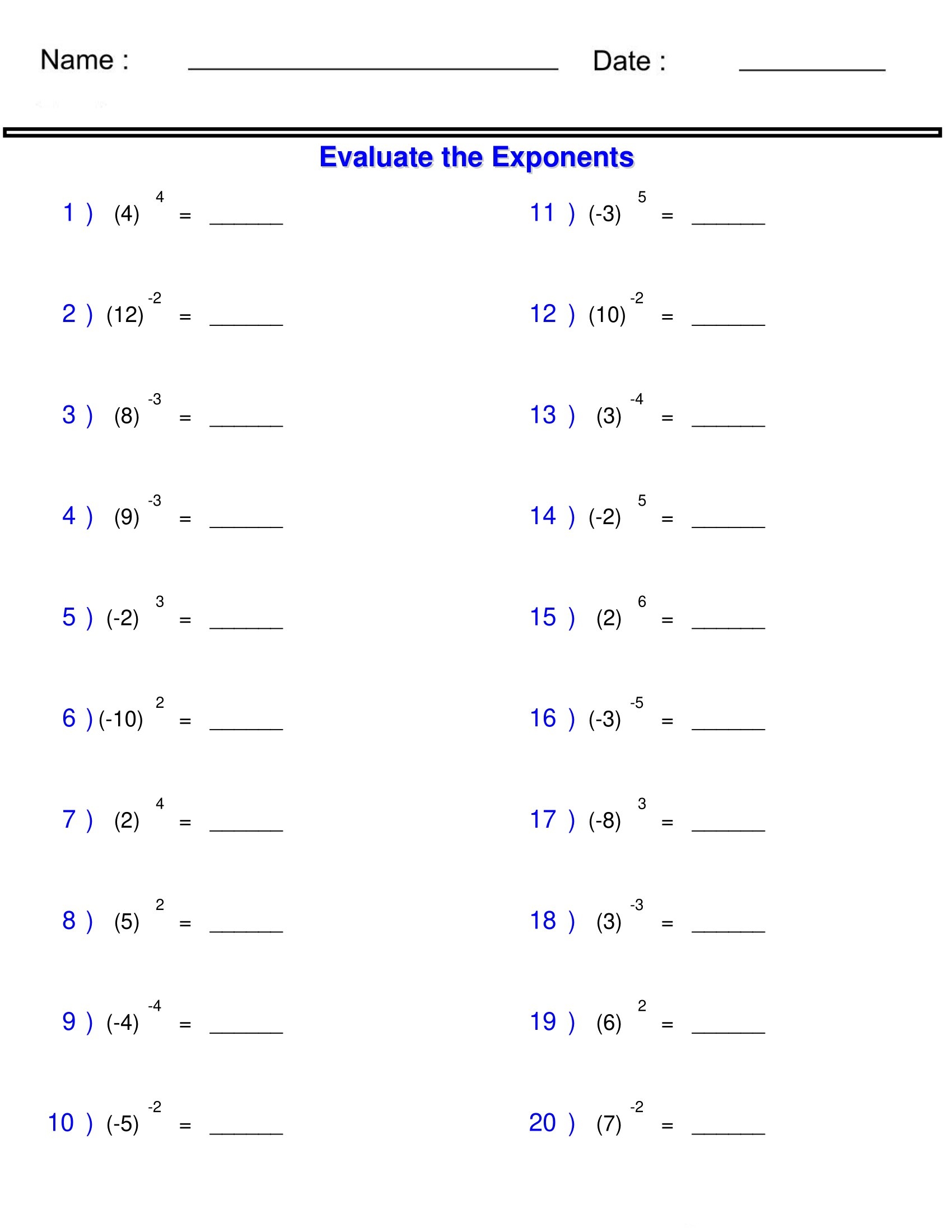 Free Exponents Worksheets
