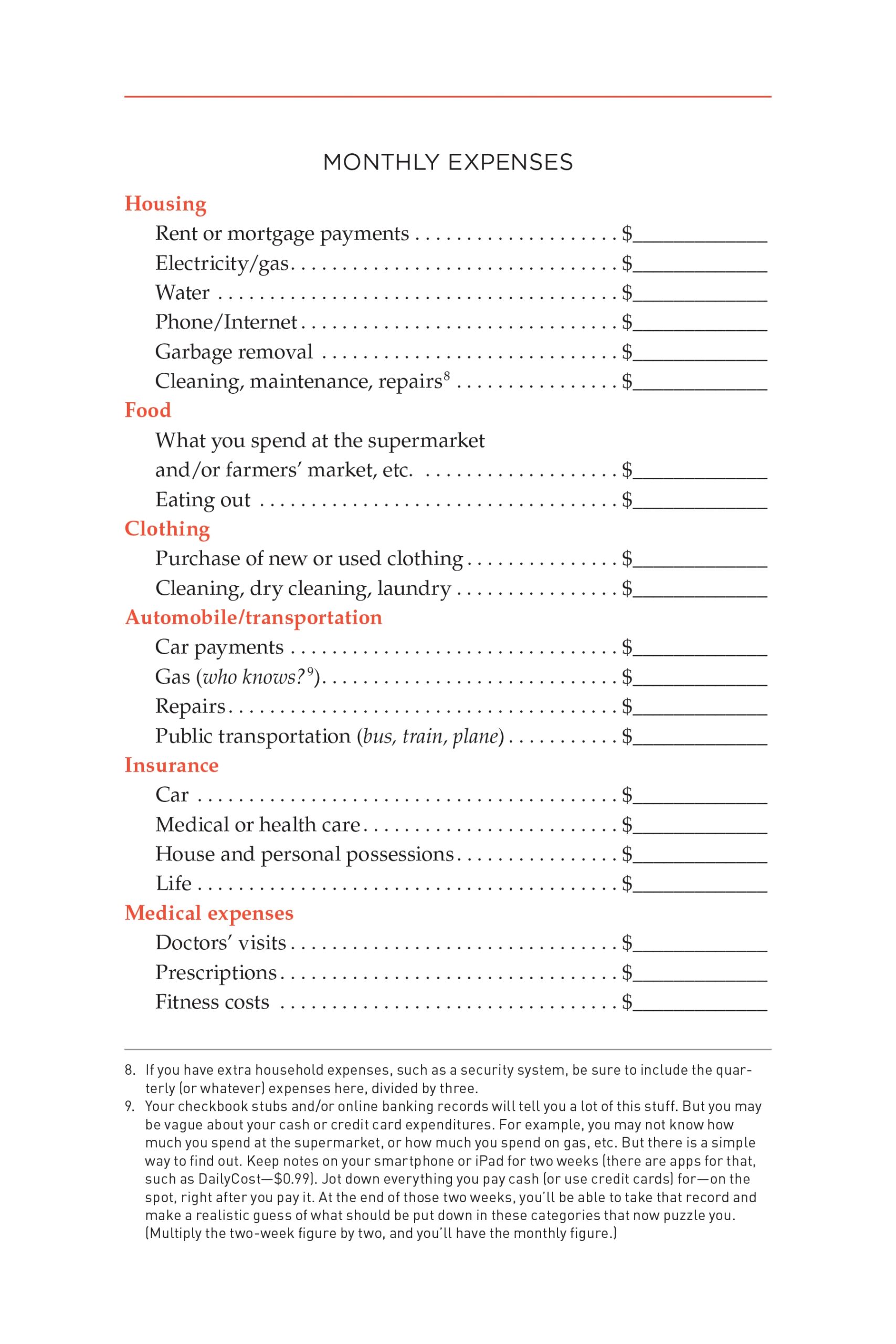 Extended Ebook Content For What Color Is Your Parachute 2019 Monthly Expenses
