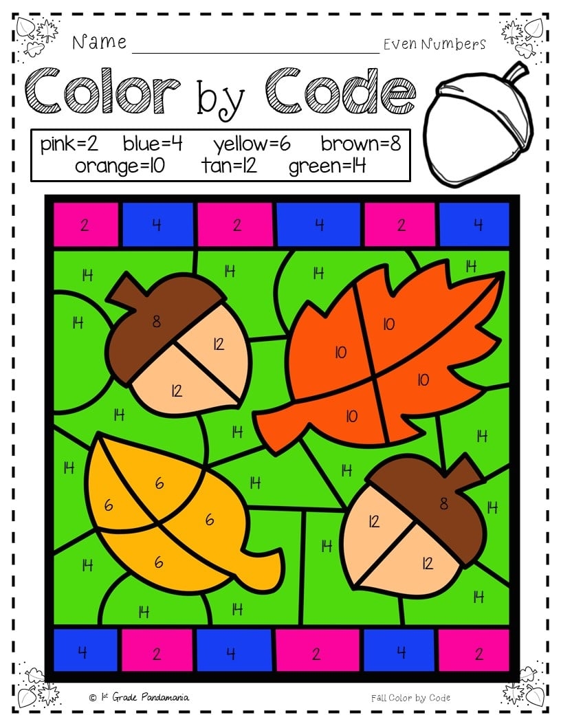 Fall Color By Number Math Worksheets 1st Grade Pandamania