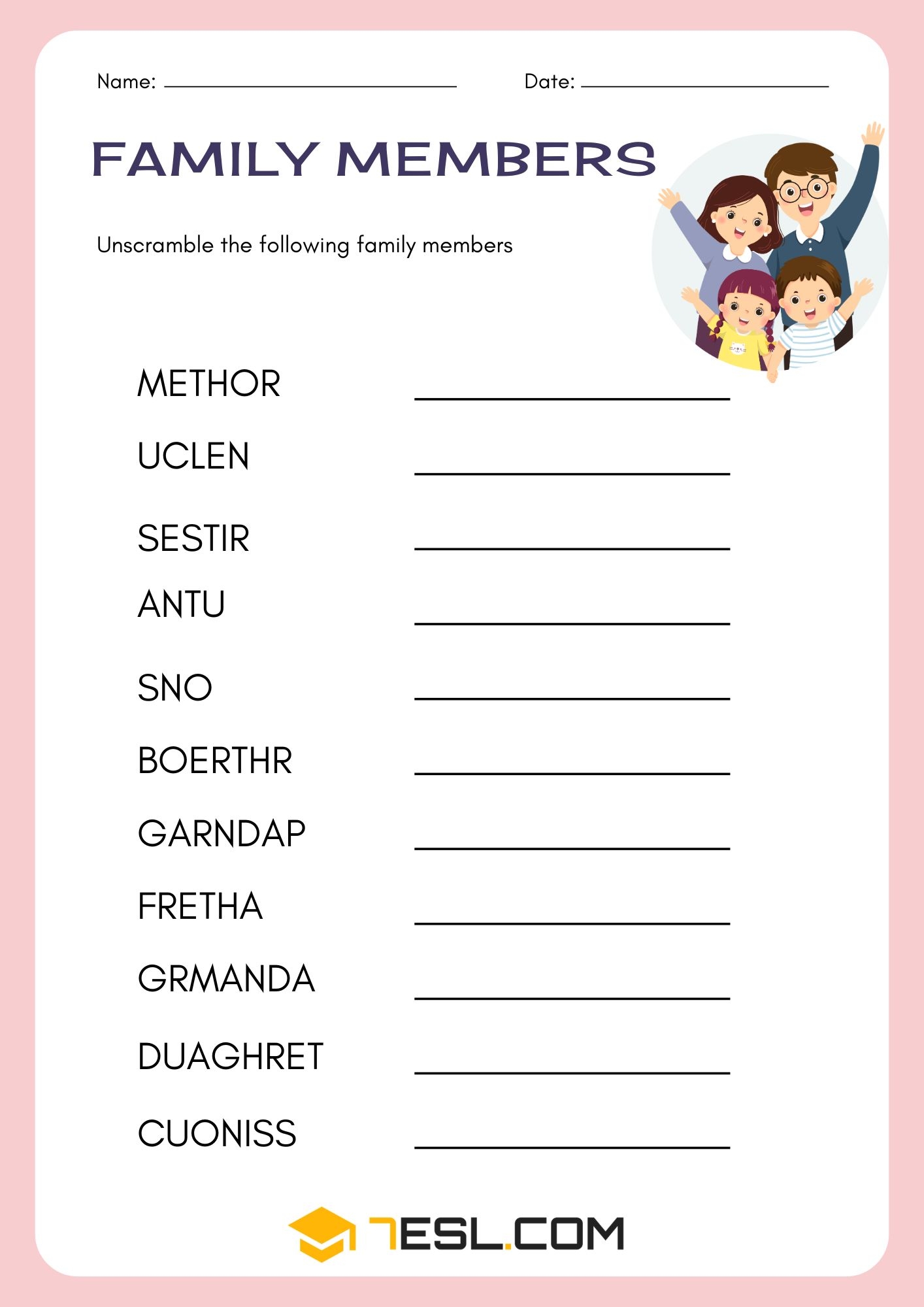 Family Worksheets For Learning English 7ESL