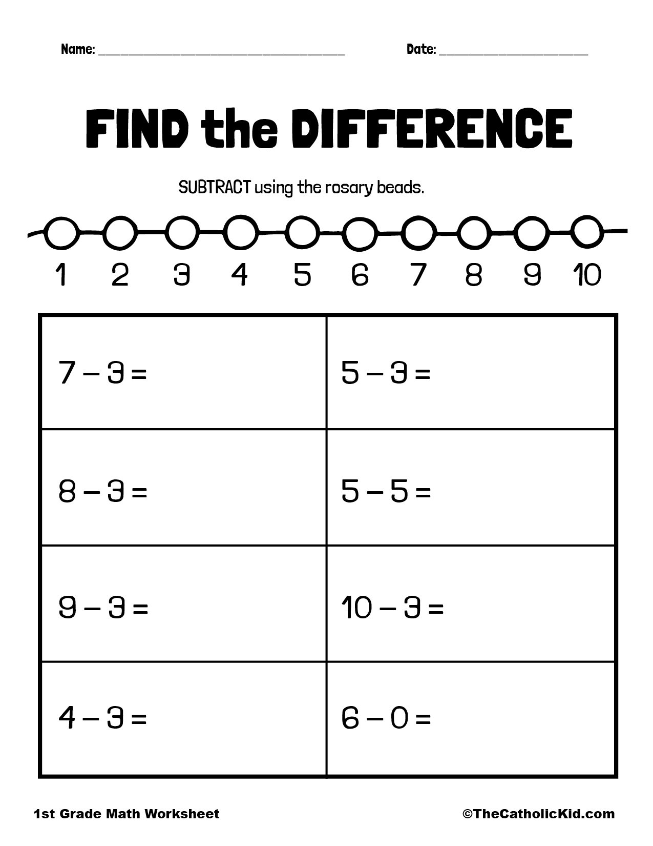 Find The Difference 1st Grade Math Subtraction Worksheet Catholic TheCatholicKid