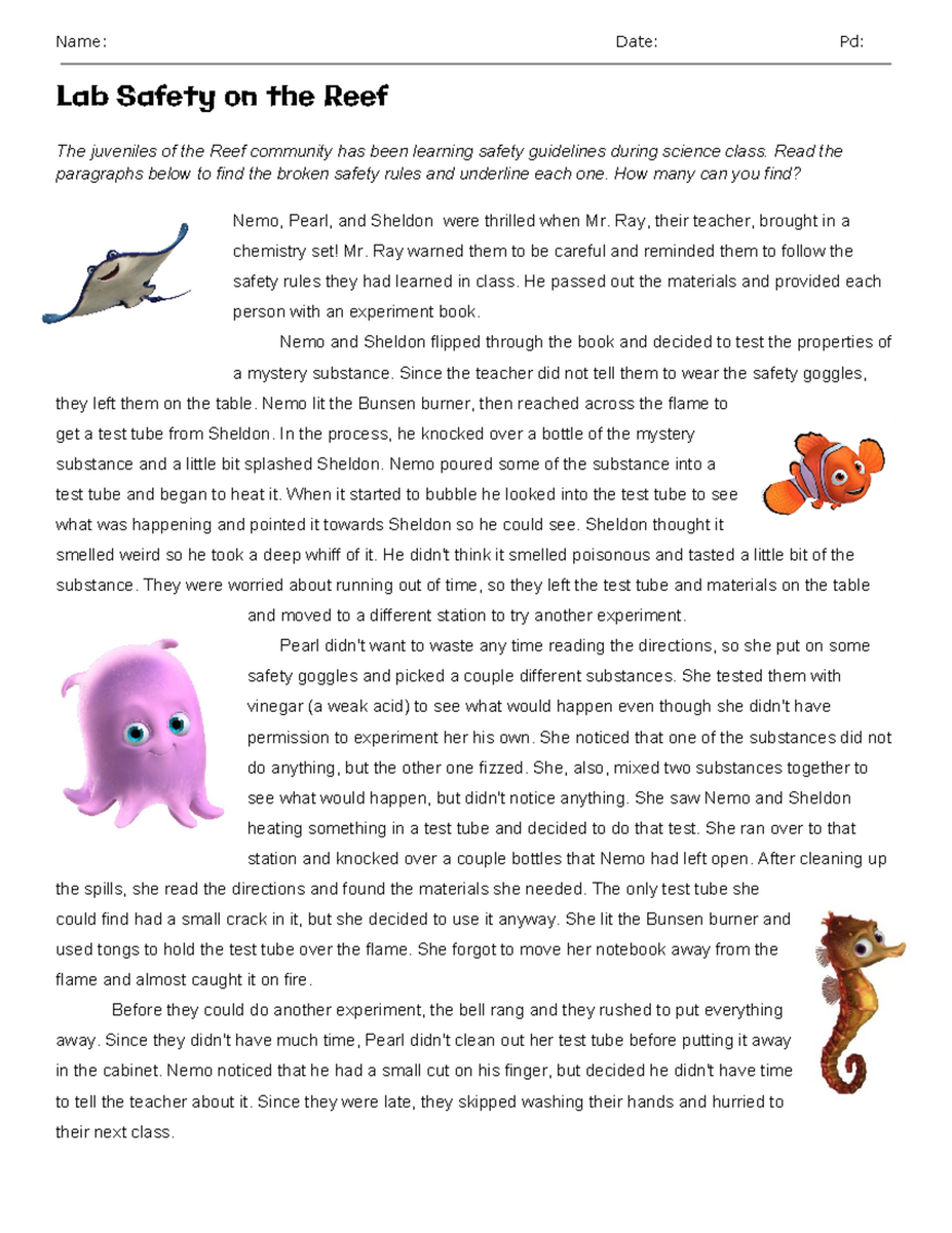 Finding Nemo Lab Safety Sci Process Practice Sheets Part 1 Studocu
