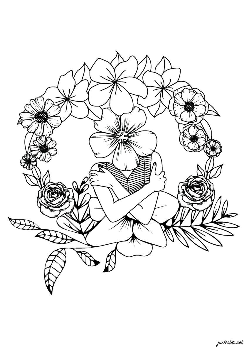 Flower Head Woman Flowers Vegetation Coloring Pages For Adults