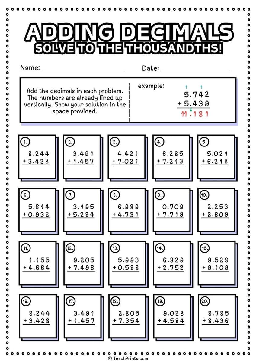 Free Adding Decimals Worksheets Teach Prints Adding And Subtracting Decimals Worksheet PDF Printable Worksheet