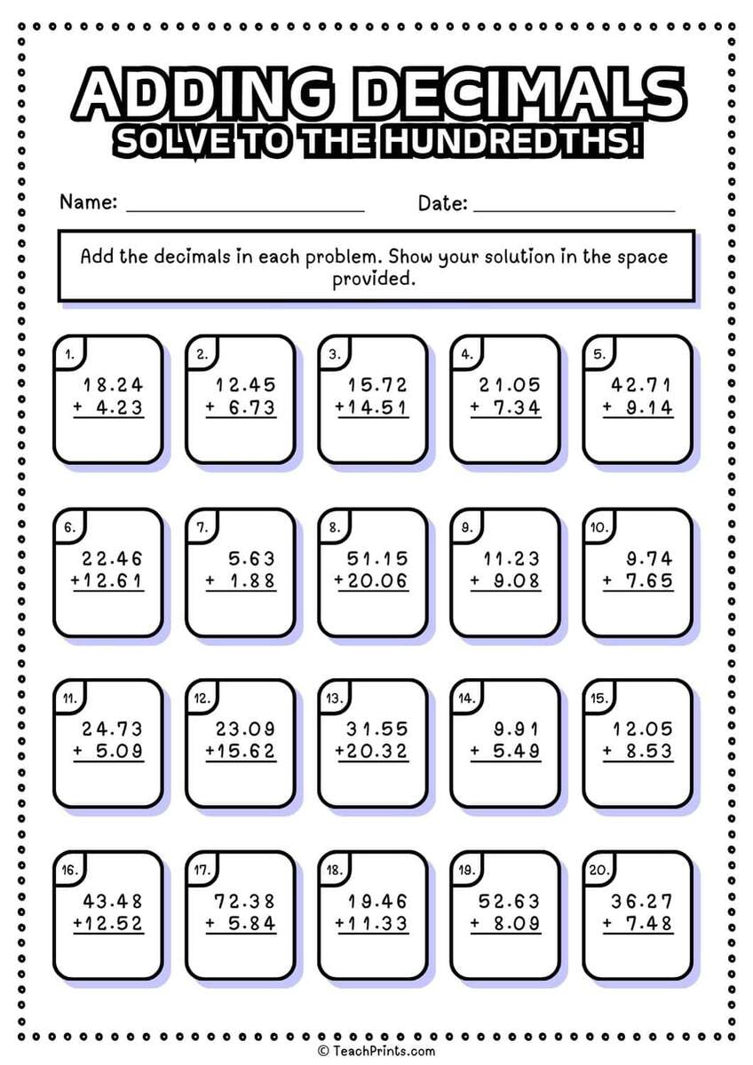 Free Adding Decimals Worksheets Teach Prints