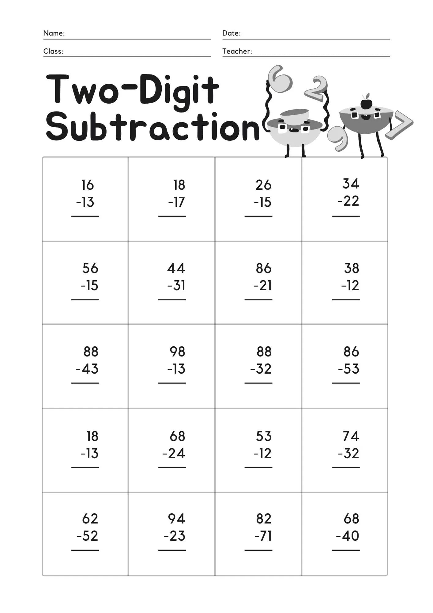 Free Double Digit Subtraction Without Borrowing Activity School For Kids
