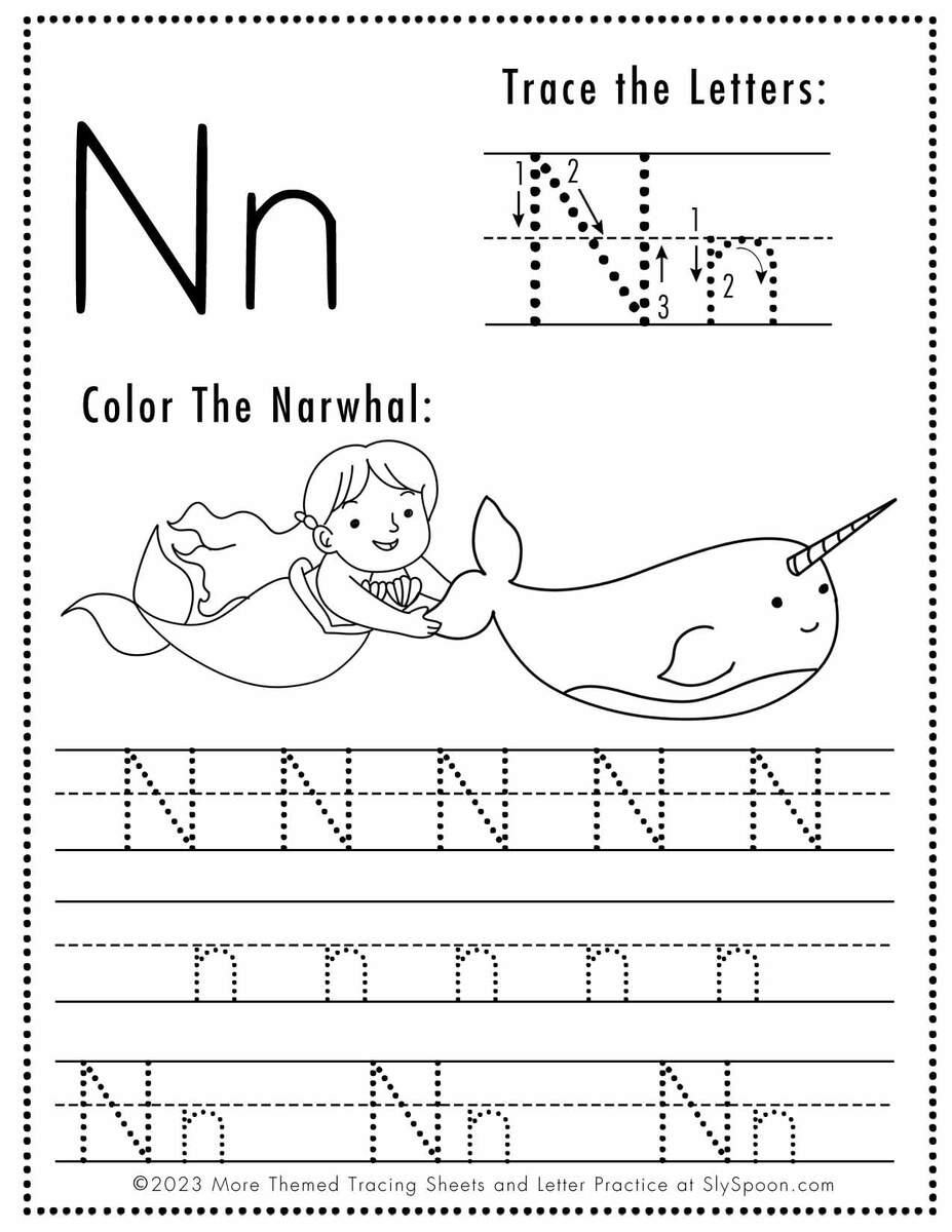 Free Letter N Tracing Worksheet Printable Mermaid Themed Sly Spoon