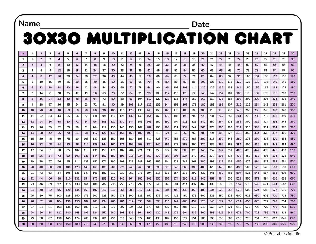 Free Multiplication Chart 30x30 Printable PDF