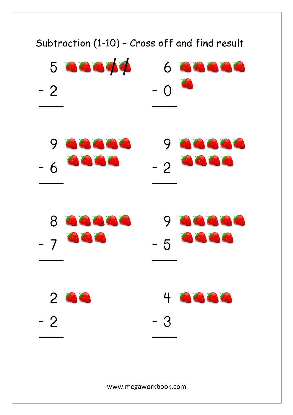 Free Printable Number Subtraction 1 10 Worksheets For Grade 1 And Kindergarten Subtraction With Pictures Objects To Cross Out Subtraction Using Number Line MegaWorkbook