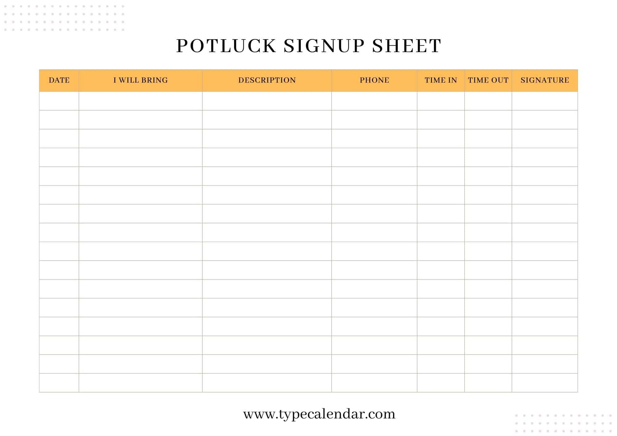 Free Printable Potluck Signup Sheet Templates PDF Word Excel
