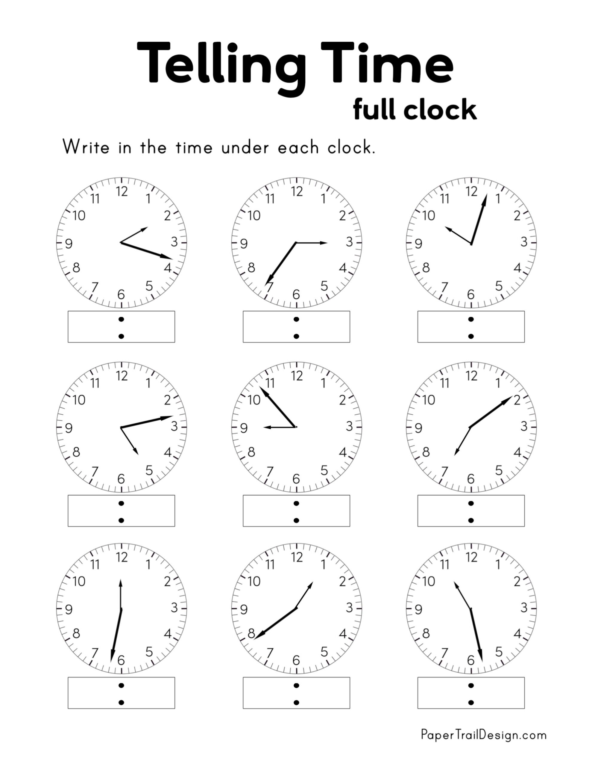 Free Printable Telling Time Worksheets Paper Trail Design Free Printable Telling Time Worksheets Analog Clock Free Printables Lettering SVG Files Tools Apps
