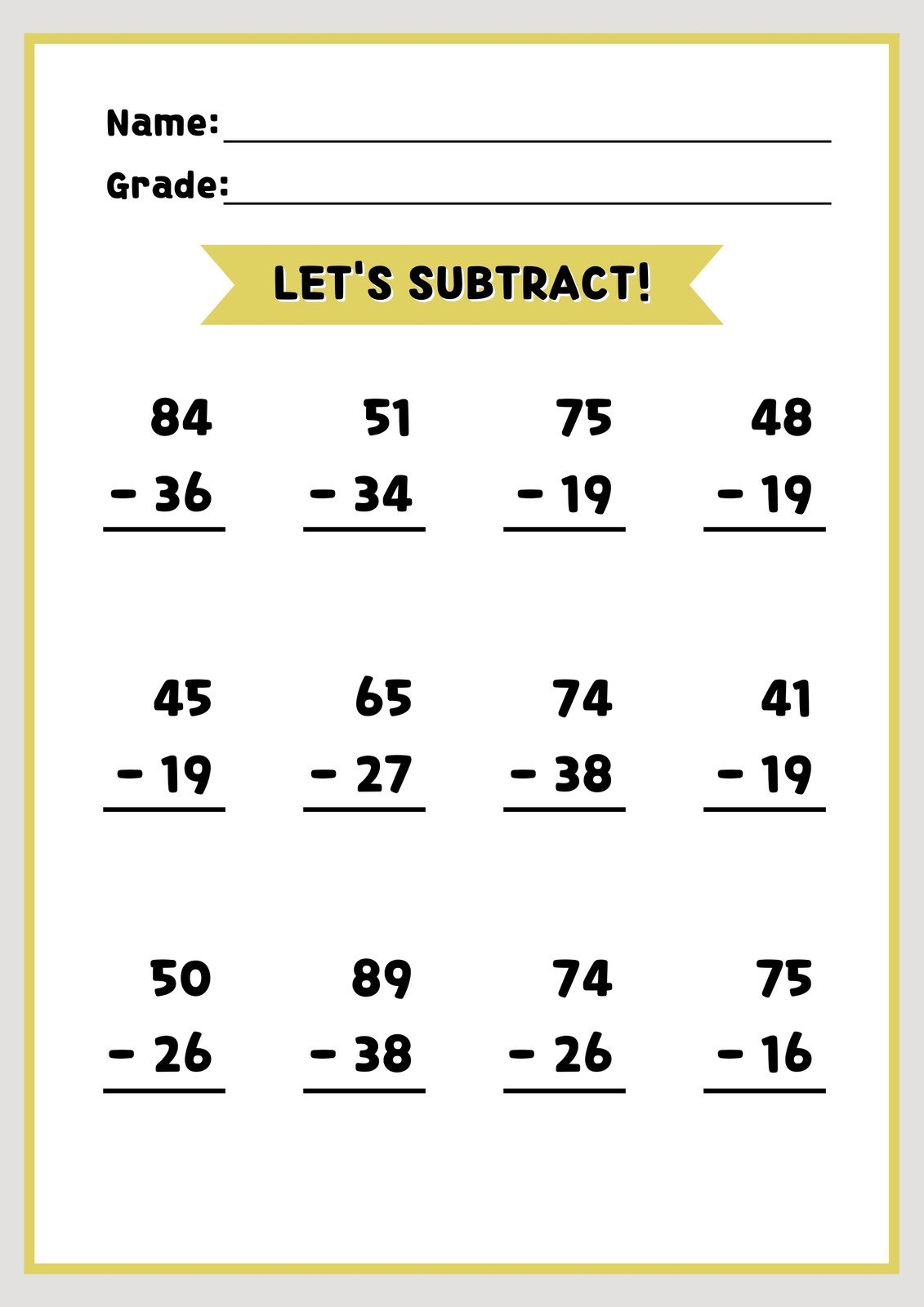 Free Subtraction Worksheet Templates To Edit And Print Canva Free Subtraction Worksheets To 12