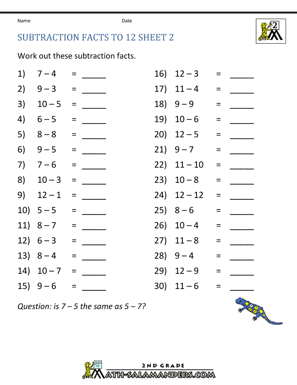 2 Digit Subtraction Worksheets