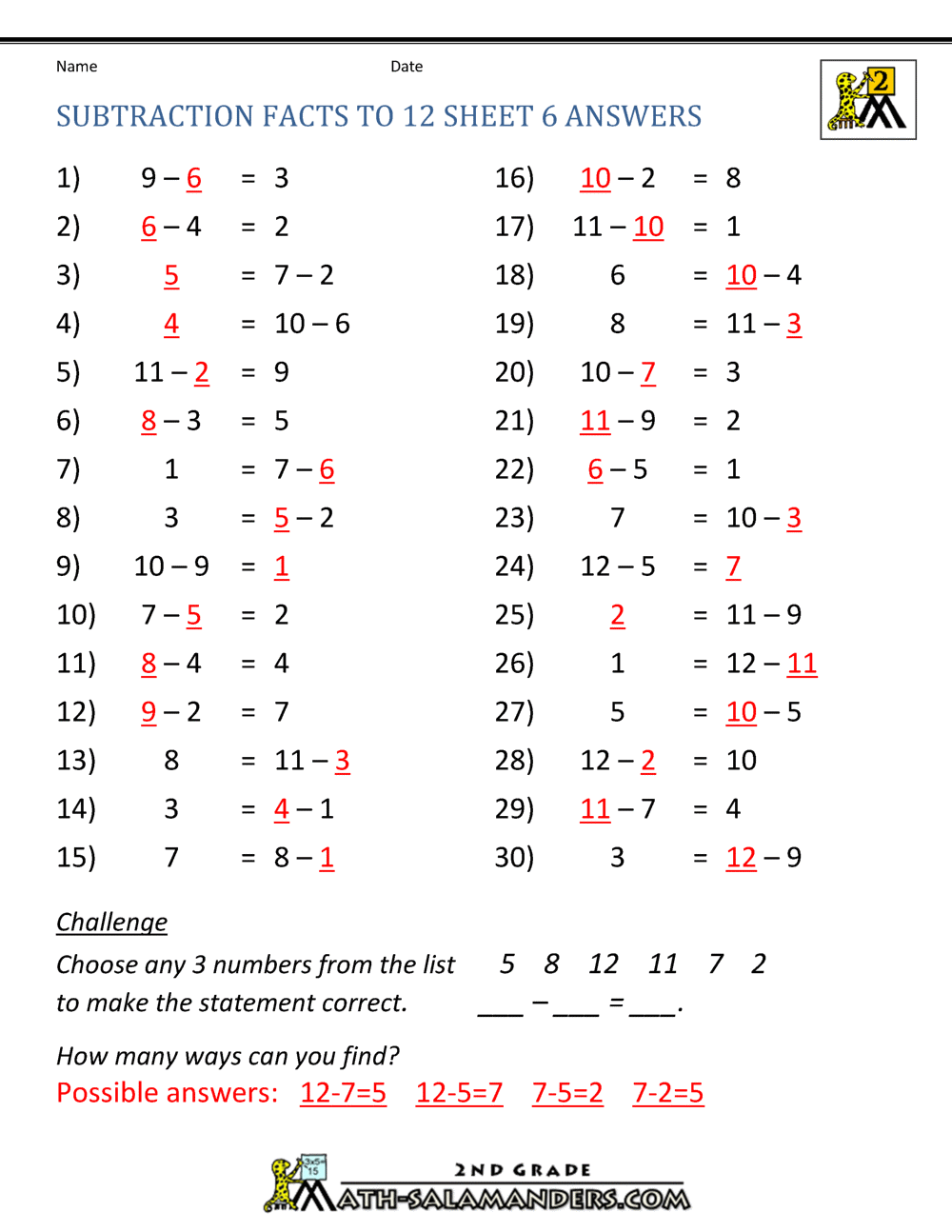 Free Subtraction Worksheets To 12 Free Subtraction Worksheets To 12
