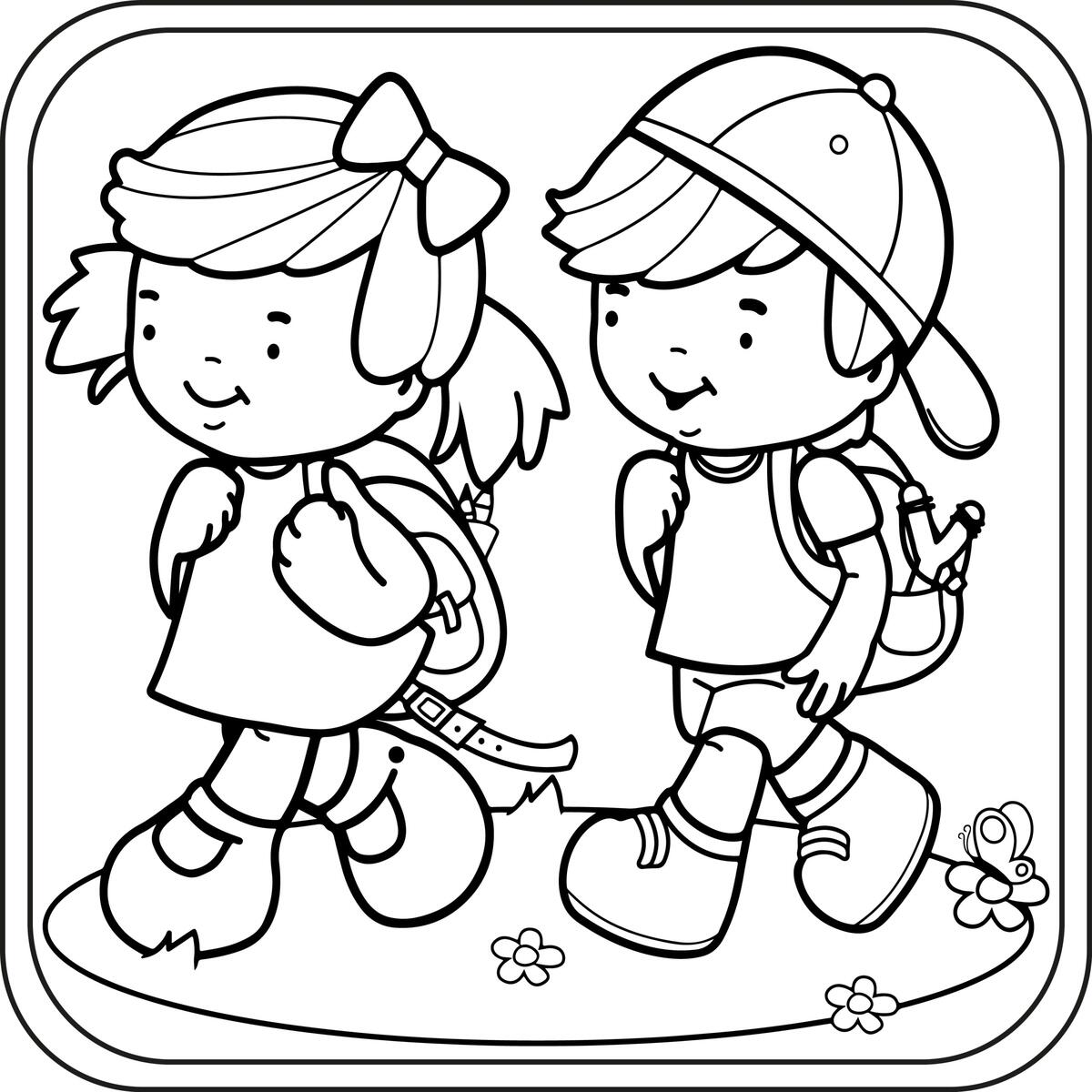Girls And Boys Coloring Pages Preschool Kindergarten First Grade Made By Teachers Boy And Girl Sitting At School Desk Coloring Book Stock Vector Adobe Stock